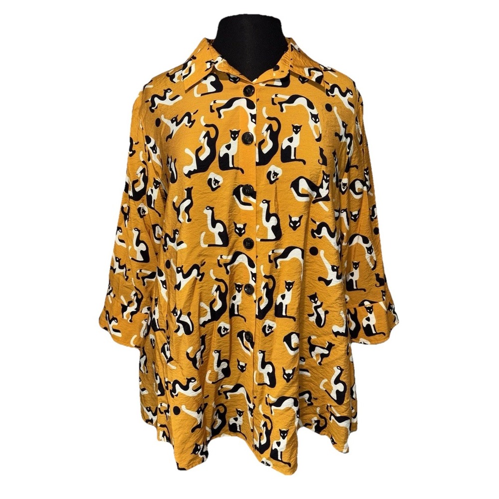 Oversized Cat‎ Print Button Up Collared Tunic Women's M Golden Ochre Artsy Boho